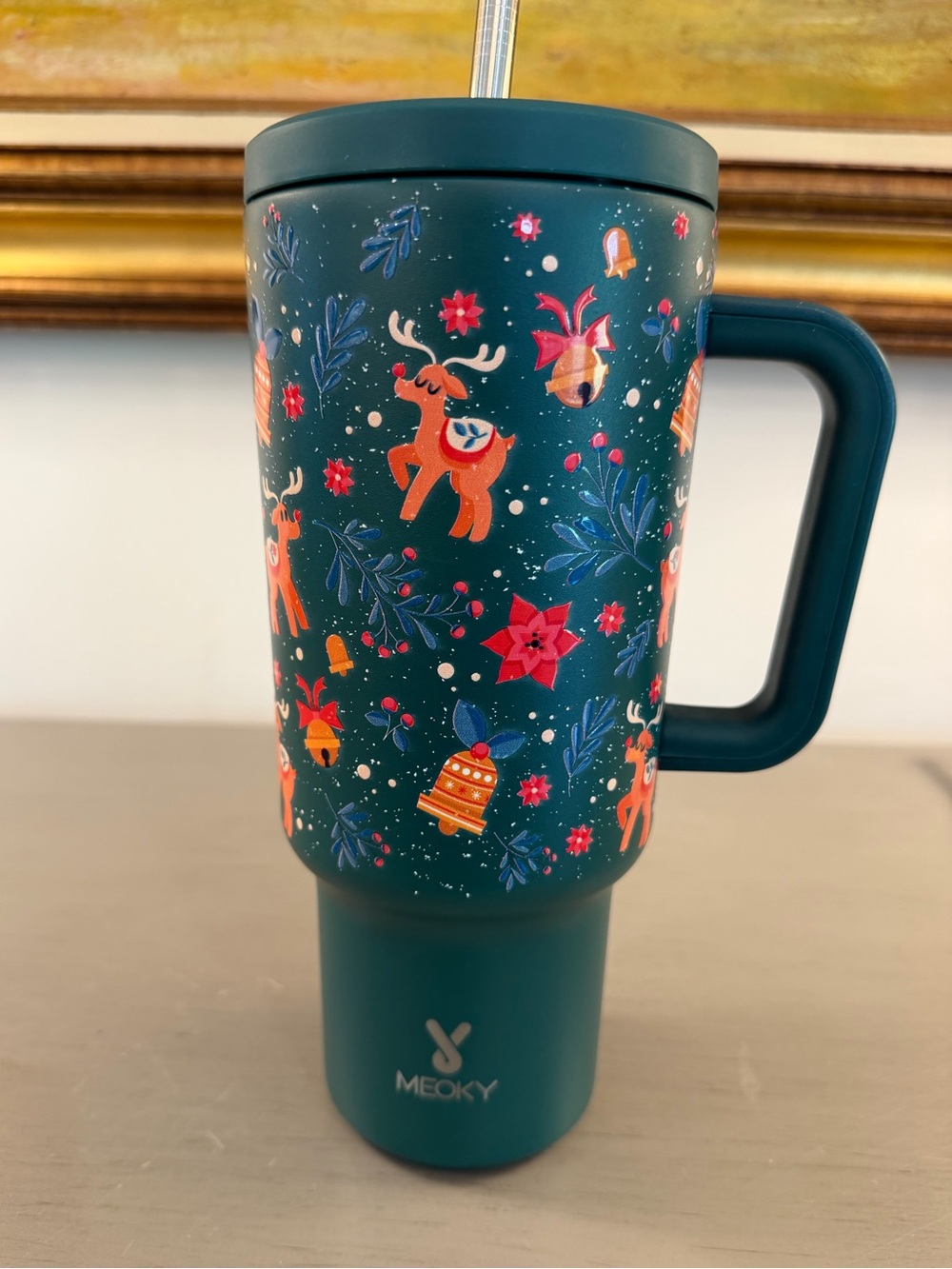 Meoky 40oz Christmas Insulated Tumbler w Handle Reindeer Holiday  Car Cup
